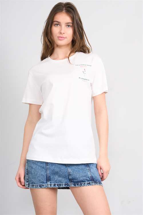 Çetinkaya Fithit 8960 Bayan Bisiklet Yaka Regular Nakışlı T-shirt Krem