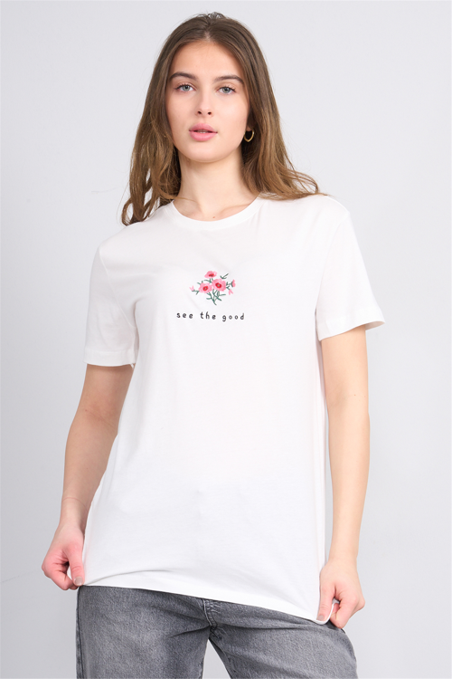 Çetinkaya Fithit 8950 Bayan Bisiklet Yaka Regular Nakışlı T-shirt Krem