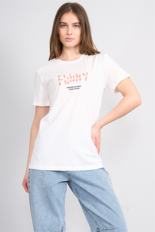 Çetinkaya Fithit 8952 Bayan Bisiklet Yaka Regular Nakışlı T-shirt Krem
