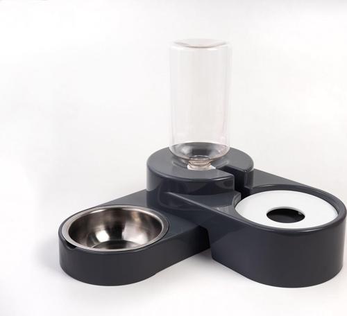 Köşeli Ayarlanabilir Hazneli Çelik Taslı Kedi-Köpek Mama Ve Su Kabı Seti 1000ml Gri
