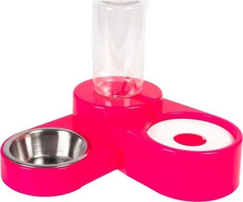 Köşeli Ayarlanabilir Hazneli Çelik Taslı Kedi-köpek Mama Ve Su Kabı Seti 1000ml Neon-Fuşya