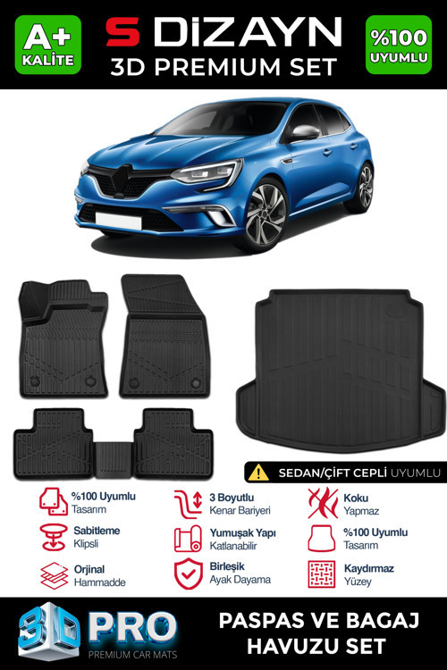 Renault Megane 4 Sedan 3D Pro Havuzlu Paspas ve Çift Kulak Bagaj Havuzu Seti (2'li SET) 2016-2021 A+ Kalite