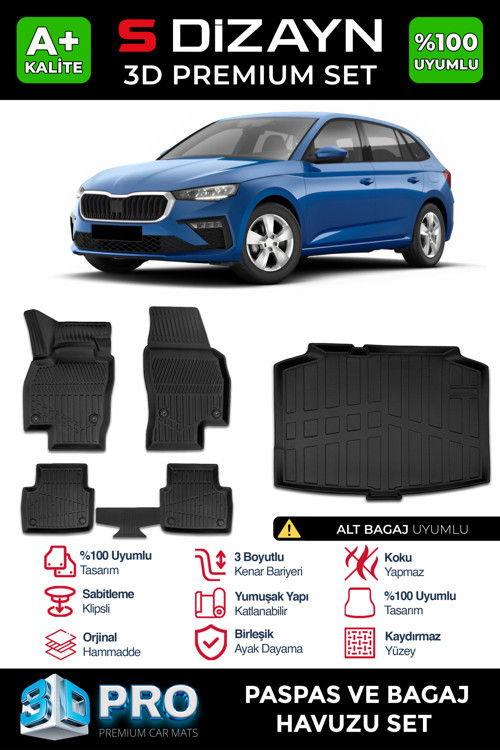 Skoda Scala 3D Pro Havuzlu Paspas ve Bagaj Havuzu Seti (2'li SET) 2019 Üzeri A+ Kalite