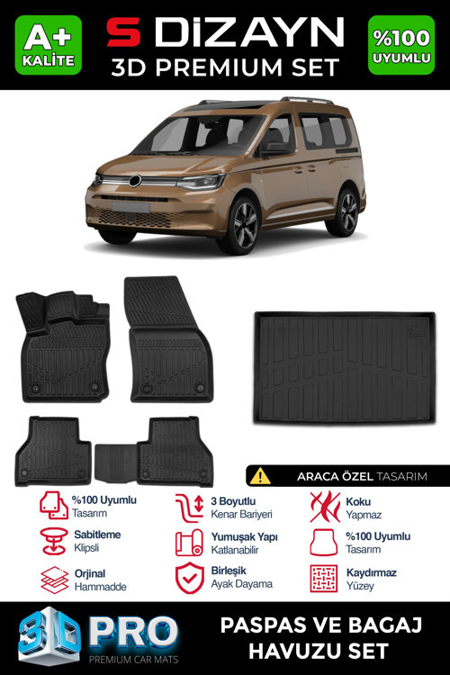 VW Caddy 3D Pro Havuzlu Paspas ve Bagaj Havuzu Seti (2'li SET) 2020 Üzeri A+ Kalite