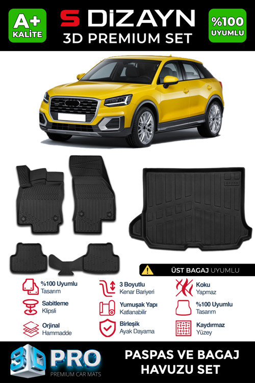 Audi Q2 3D Pro Havuzlu Paspas ve Üst Bagaj Havuzu Seti (2'li SET) 2017-2023 A+ Kalite