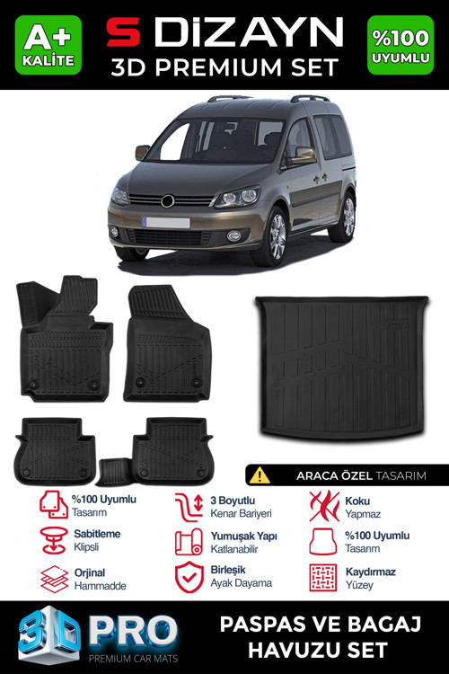 VW Caddy 3D Pro Havuzlu Paspas ve Bagaj Havuzu Seti (2'li SET) 2010-2015 A+ Kalite