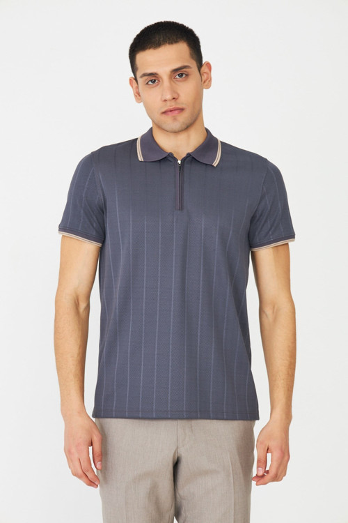 Gri Fermuarlı Polo Yaka Erkek T-Shirt