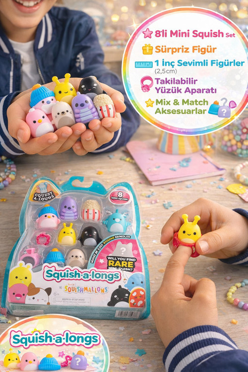 Squishmallows Squish-a-Longs Seri 3 8'li Mini Figür Seti 2.5 CM Sürpriz Figür Yüzük 2 Aksesuar