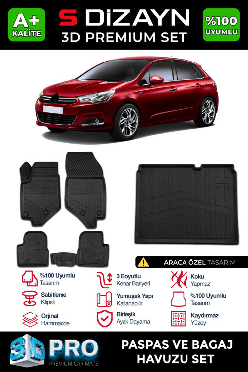 Citroen C4 3D Pro Havuzlu Paspas ve Bagaj Havuzu Seti (2'li SET) 2010-2018 A+ Kalite