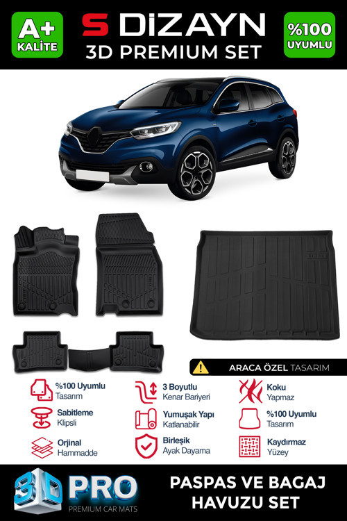 Renault Kadjar 3D Pro Havuzlu Paspas ve Bagaj Havuzu Seti (2'li SET) 2015 Üzeri A+ Kalite