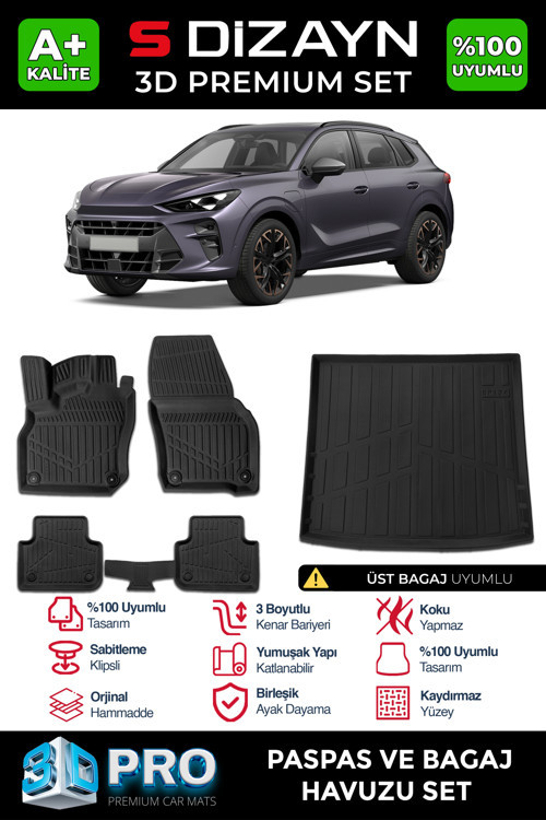 Cupra Terramar 3D Pro Havuzlu Paspas ve Üst Bagaj Havuzu Seti (2'li SET) 2024 Üzeri A+ Kalite