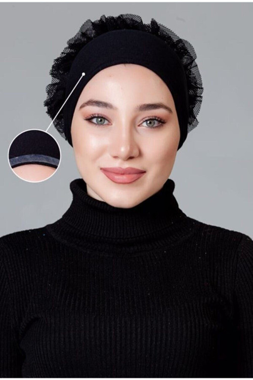 Siyahh Penye Fırfırlı Kaymayan Önü Silikonlu Bone