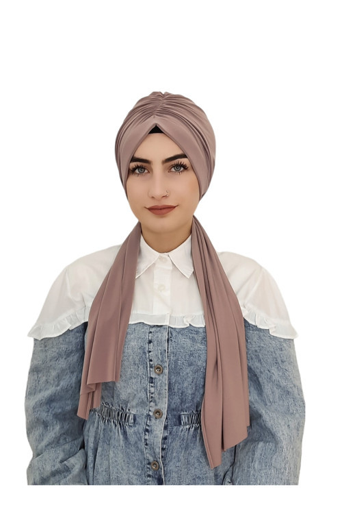 Tasarım Büzgülü Hazır Bone Hijap Vizon