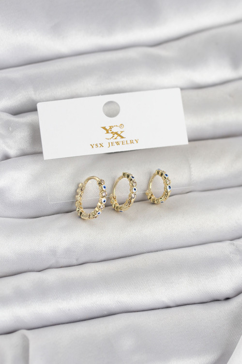 Pirinç Gold Renk Nazarlı Model 3'Lü Kadın Küpe