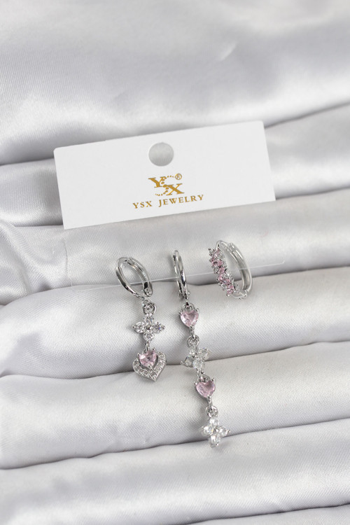 ieg™ Pirinç Gümüş Renk Pembe Zirkon Taşlı 3'lü Kadın Küpe