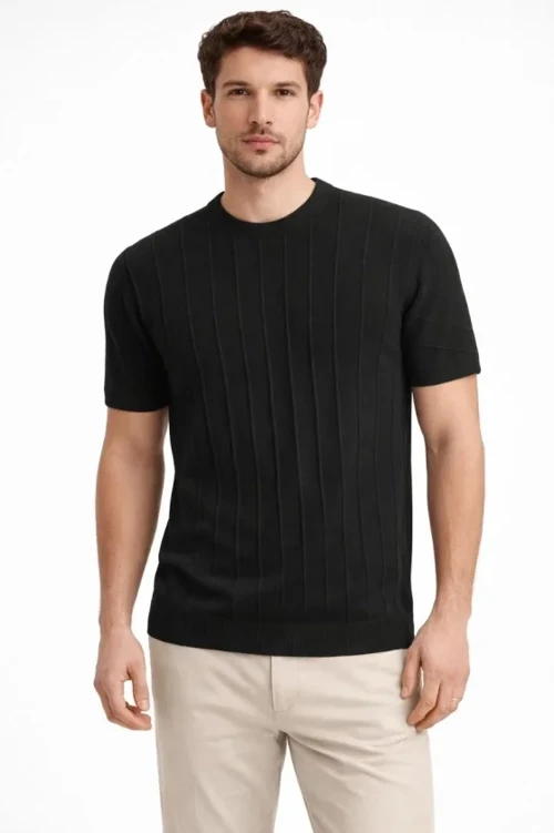 Erkek Yazlık Fitilli Triko Tişört Kısa Kol Bisiklet Yaka T-Shirt - Siyah