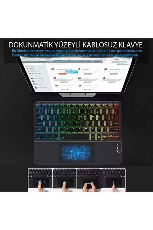 İngilizce Bluetooth Klavye 9.7” Rgb Renkli Aydınlatmalı 24.5X17.5 Cm İnce Slim Şarj Edilebilir