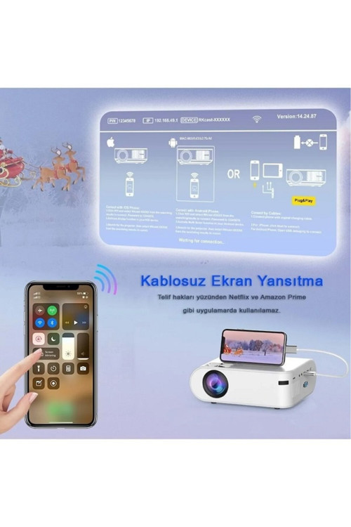 Projeksiyon Cihazı P62 Full Hd Destekli Wifi & İos & Android Cep Tel Yansıtma Mini