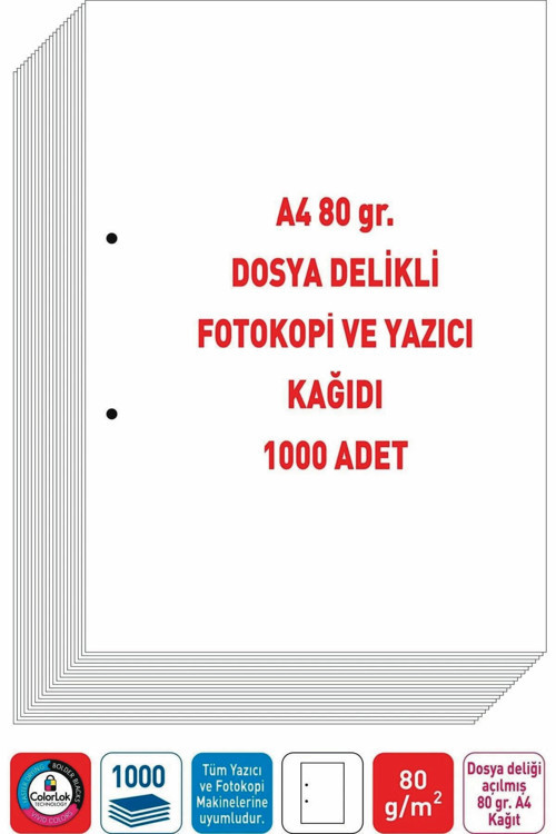 Dosya Delikli A4 Fotokopi Kağıdı 80 Gr. (2 Paket - 1000 Adet)