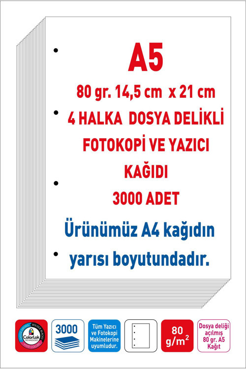 Eser 4 Delikli Navigator Marka A5 Fotokopi Yazıcı Kağıdı 80 Gr. 3000 Adet