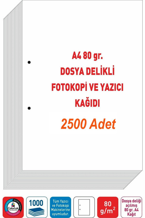 Dosya Delikli A4 Fotokopi Kağıdı 80 Gr. (5 Paket - 2500 Adet)