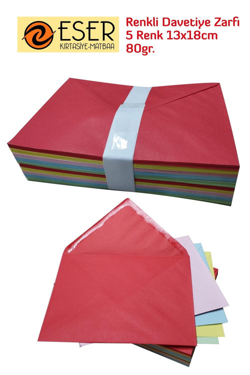 Renkli Davetiye Zarfı 5 Renk 13X18Cm 80Gr. 100 Adet