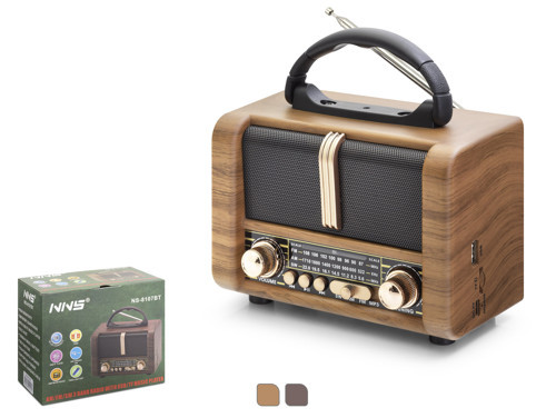 NS8107BT Bluetooth Nostaljik FM Radyo TWS USB TF Taşınabilir Hoparlör - Kahverengi