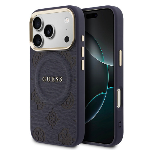 İphone 17 Pro Kılıf Lisanslı M-Safe Sıcak Baskılı Yazı Logolu Pu Deri Peony Kapak Lacivert