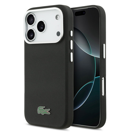 İphone 17 Pro Kılıf Lisanslı M-Safe Uyumlu Pvc Pike Desenli İkonik Timsah Logolu Kapak Siyah