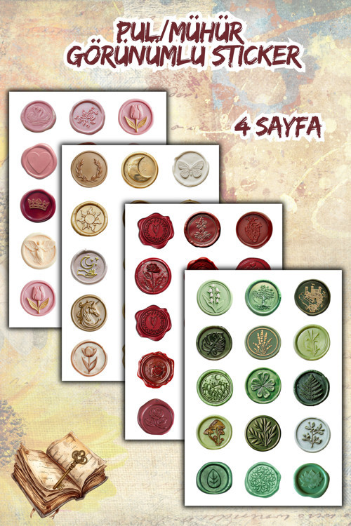 4 Sayfa Mühür/Pul Görünümlü Sticker Bullet Journal/Ajanda/Defter İçin Uygun