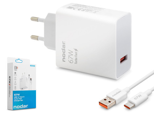 ND1008 Type-C Hızlı Şarj Seti 67W USB Adaptörlü - Beyaz