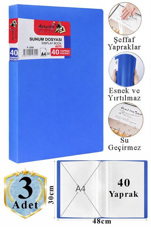 Mavi Sunum Dosyası 40 lı 3 Adet Poşet Dosyalı Katalog Dosyası 40 Poşetli Kendinden Dosya Plastik Kapaklı