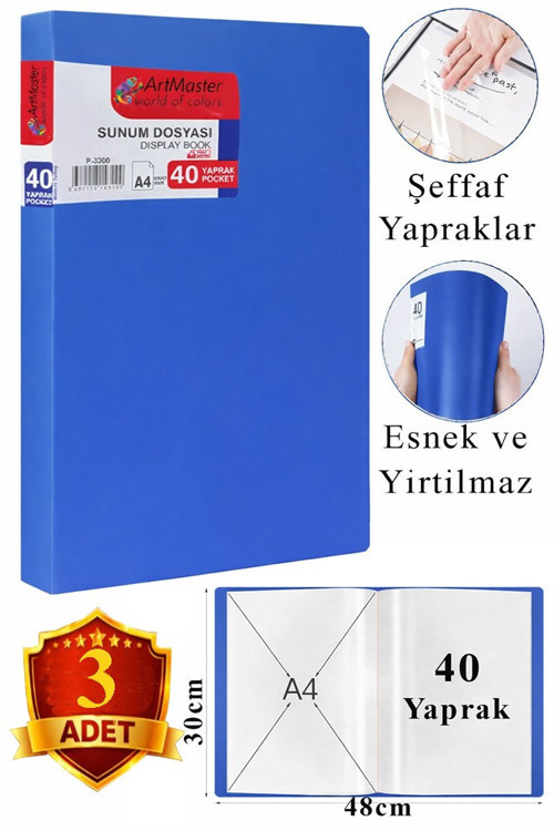 Mavi Sunum Dosyası 40 lı 3 Adet Poşet Dosyalı Katalog Dosyası 40 Poşetli Kendinden Dosya Plastik Kapaklı