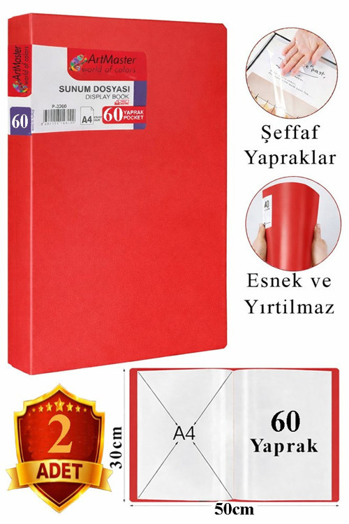 Kırmızı Sunum Dosyası 60 lı 2 Adet Poşet Dosyalı Katalog Dosyası 60 Poşetli Kendinden Dosya Plastik Kapaklı