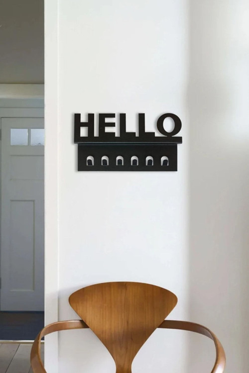 hello Metal Duvar Anahtarlık - Şık Ve Fonksiyonel Mat Siyah Anahtar Askısı 15X25,5 Cm