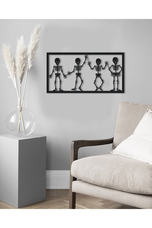iskelet Figürlü Metal Tablo - Kuru Kafa Duvar Dekoru - 63X34,5 Cm - 2