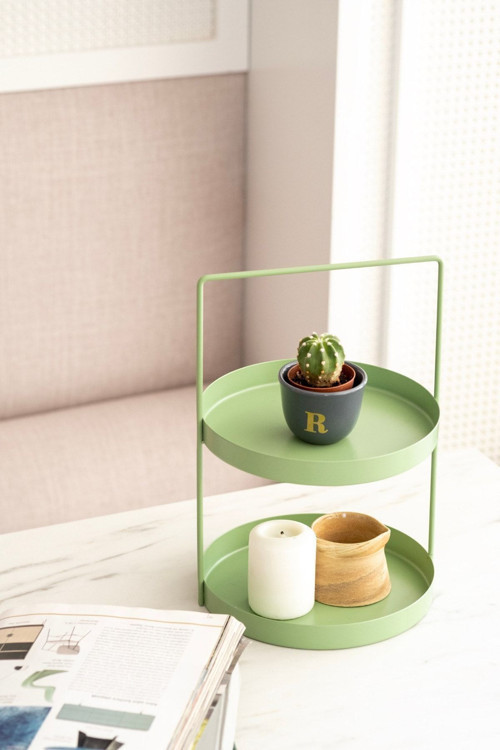 yeşil 2 Katlı Metal Organizer - Çok Amaçlı Düzenleyici - Fonksiyonel Sunumluk - 21X21X32 Cm