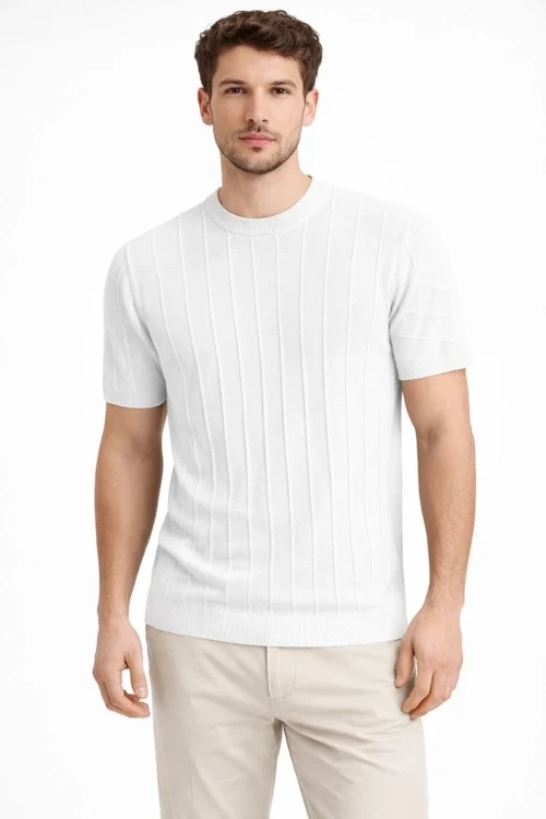 Erkek Yazlık Fitilli Triko Tişört Kısa Kol Bisiklet Yaka T-Shirt - Beyaz