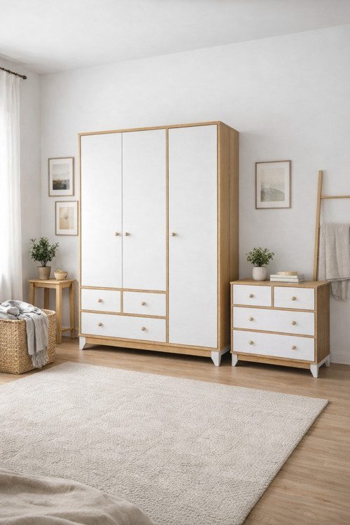 %100 Mdf Bonnie Ahşap Beyaz 3 Kapılı Gardırop & Bonnie Ahşap Beyaz 4 Çekmeceli Şifonyer