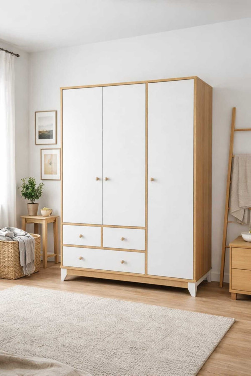 %100 Mdf Bonnie Ahşap Beyaz 3 Kapılı Bebek&Çocuk Gardırop