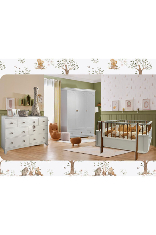 %100 Mdf Oslo Maxi Ahşap Beyaz Bebek Odası Takımı (3 Kapılı Dolap & Bonnie Şifonyer & Büyüyen Beşik)