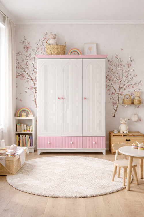 %100 Mdf Bohem Pembe 3 Kapılı Bebek&Çocuk Odası Gardrop