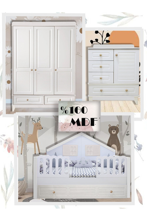 %100 Mdf Panjur Beyaz Duvar Çatılı Maxi Bebek & Çocuk Odası Takımı