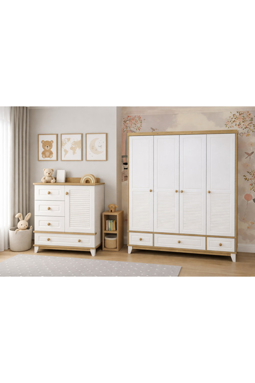 %100 Mdf Panjur Ahşap Beyaz 4 Kapılı Dolap & Panjur Ahşap Beyaz Şifonyer