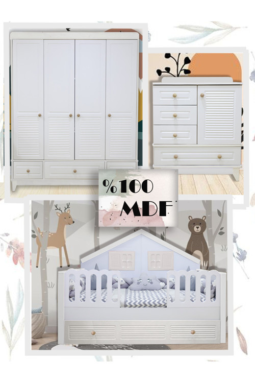 %100 Mdf Panjur Beyaz Duvar Çatılı Mega Bebek & Çocuk Odası Takımı