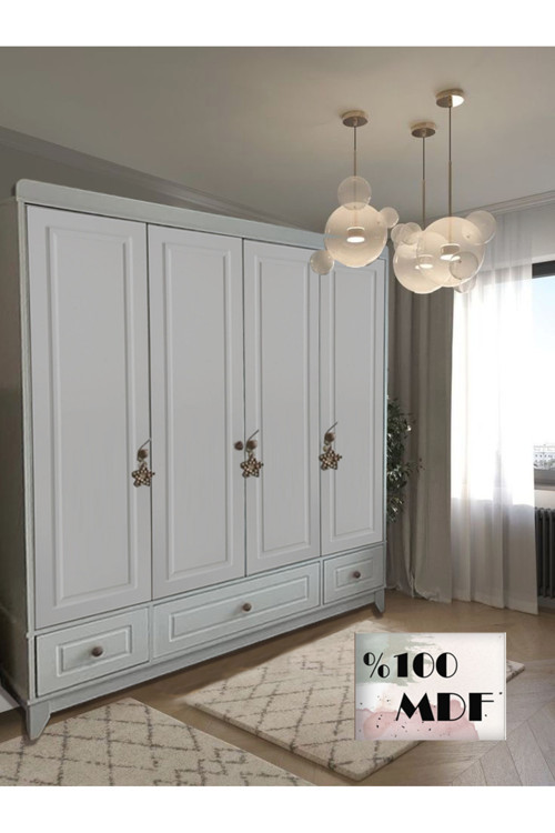 %100 Mdf Stil Beyaz 4 Kapılı Bebek&Çocuk Gardrop