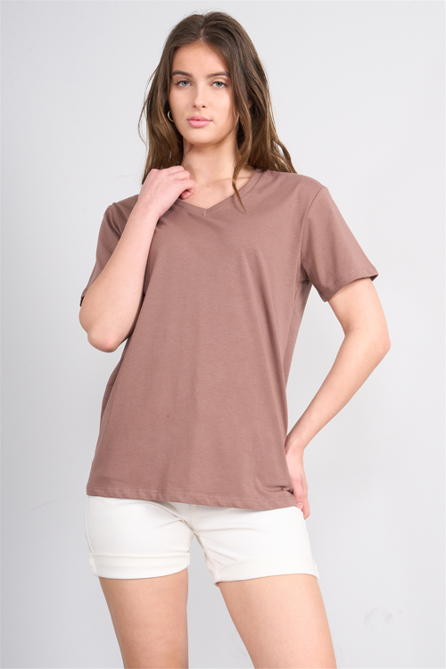 Çetinkaya Fithit 3265 Bayan V Yaka 30/1 Penye Regular Basic T-shirt Kakao