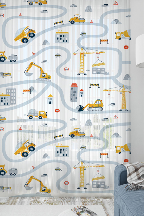 İnşaat İş Makineleri Desenli Erkek Çocuk Odası Tül Perde 140x260cm