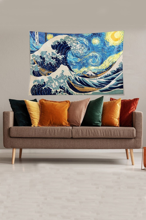 Mavi-beyaz Katsushika Hokusai Serisi Leke Tutmaz Kadife Kumaş Duvar Örtüsü Duvar Halısı Tapestry
