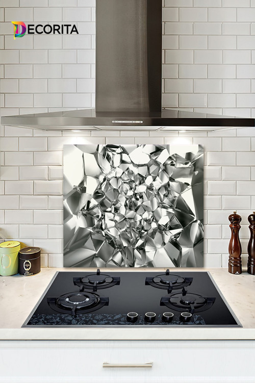 Cam Ocak Arkası Koruyucu | Gümüş Kristal | 52cm X 60cm